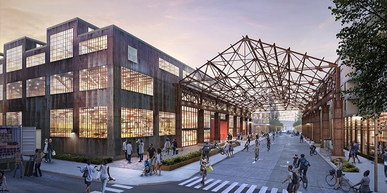 Rendering of the rehabilitated Building 12 and the revitalized waterfront community at San Francisco’s Pier 70.