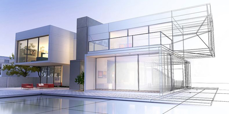3D rendering of a luxurious home with contrasting realistic rendering and wireframe.