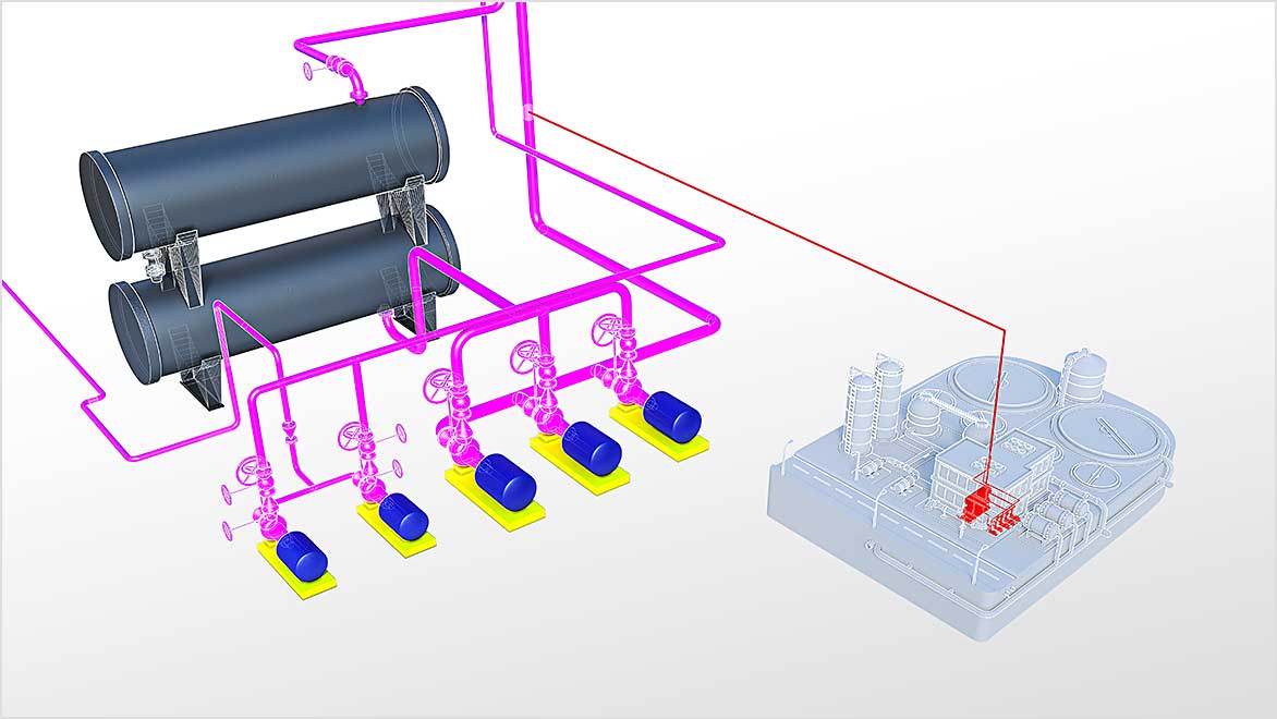 Model of piping system shown as detail from drawing of a plant