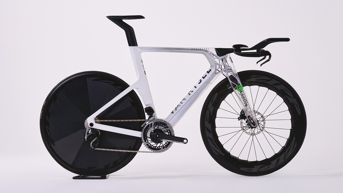 Rendering of a streamlined racing bike design with a frame developed using generative design software.