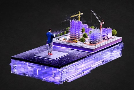 A digital rendering of a person overseeing a construction project through technology.