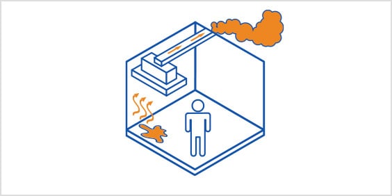 Diagram of a person in a room observing an evaporation and venting flow.