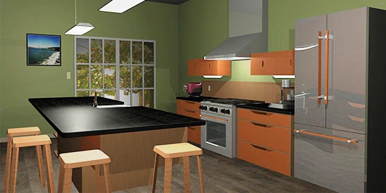Kitchen interior designed, modeled, and rendered using AutoCAD