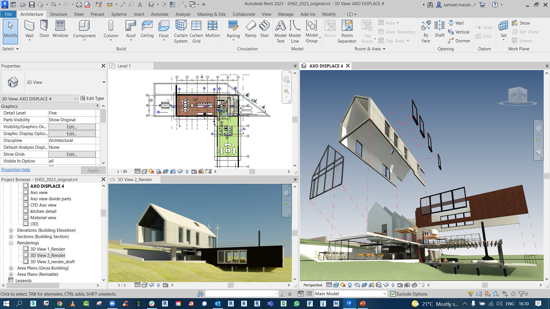 Rendering of building components and floorplan in Revit LT