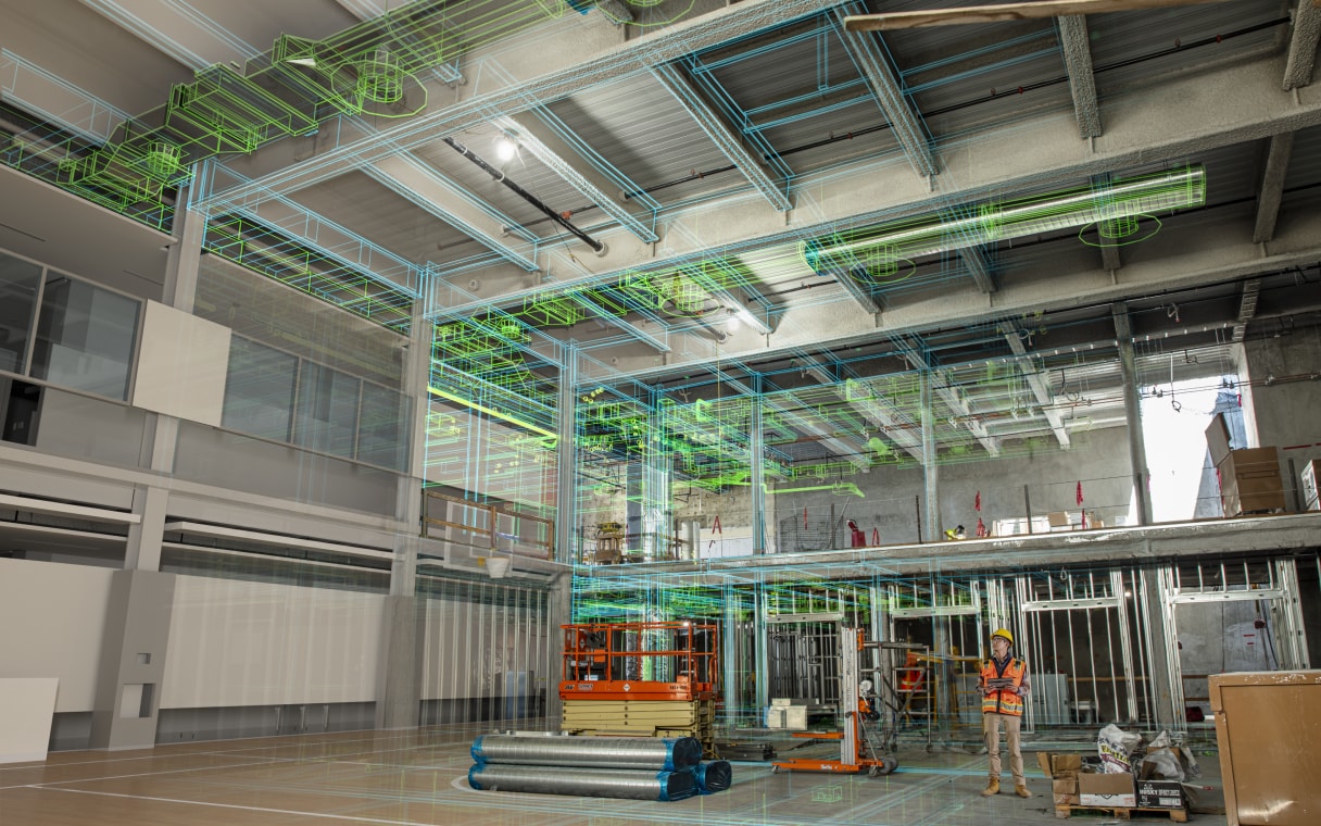An internal view of an empty warehouse with detailed lines representing the analysis of the interior structure