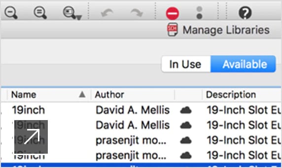 User interface in EAGLE with the Manage Libraries and ADD panels open