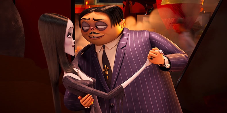 3D cartoon renditions of Morticia and Gomez Addams dancing