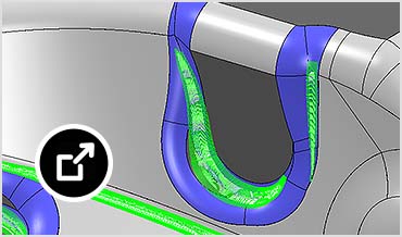 PowerMill interface showing a Rest Finishing toolpath created with the new overlap distance