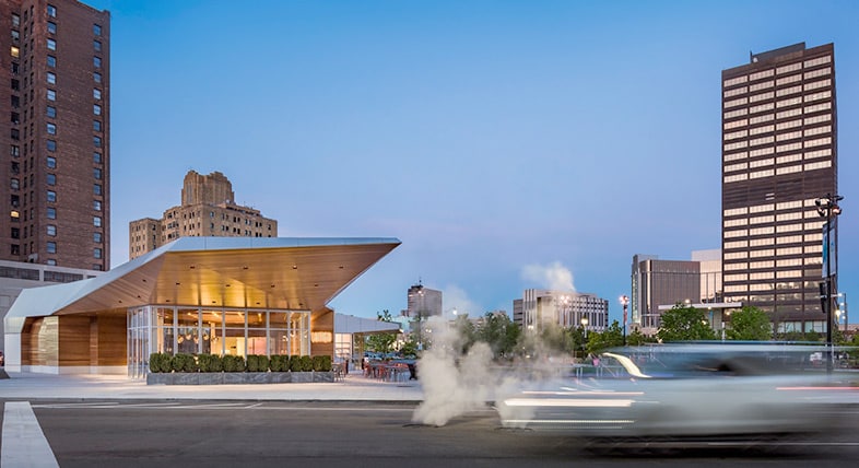 Detroit’s Beacon Park features the award-winning Lumen restaurant building.