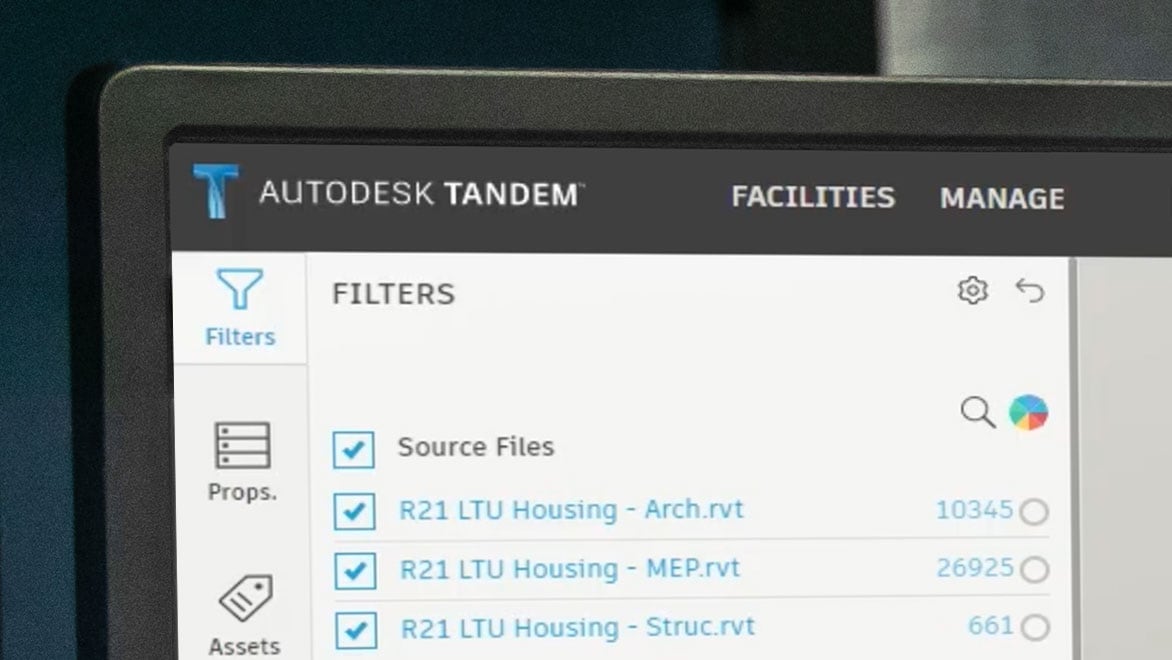 A monitor display of Autodesk Tandem user interface showcasing the filters dashboard