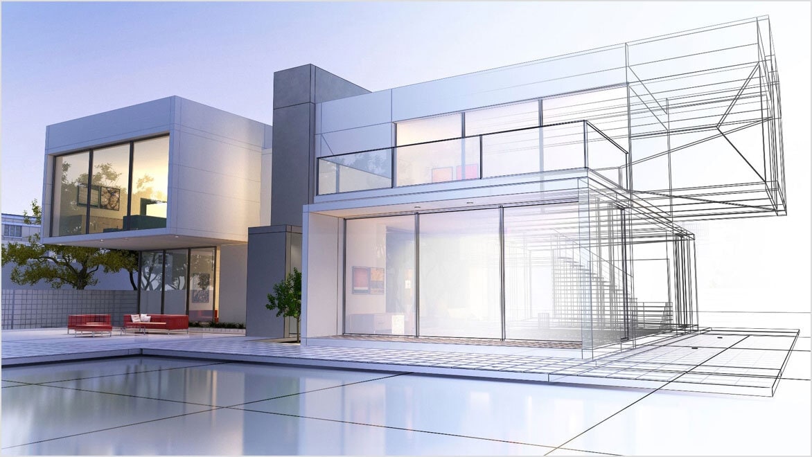 3D rendering of a luxurious home with contrasting realistic rendering and wireframe.