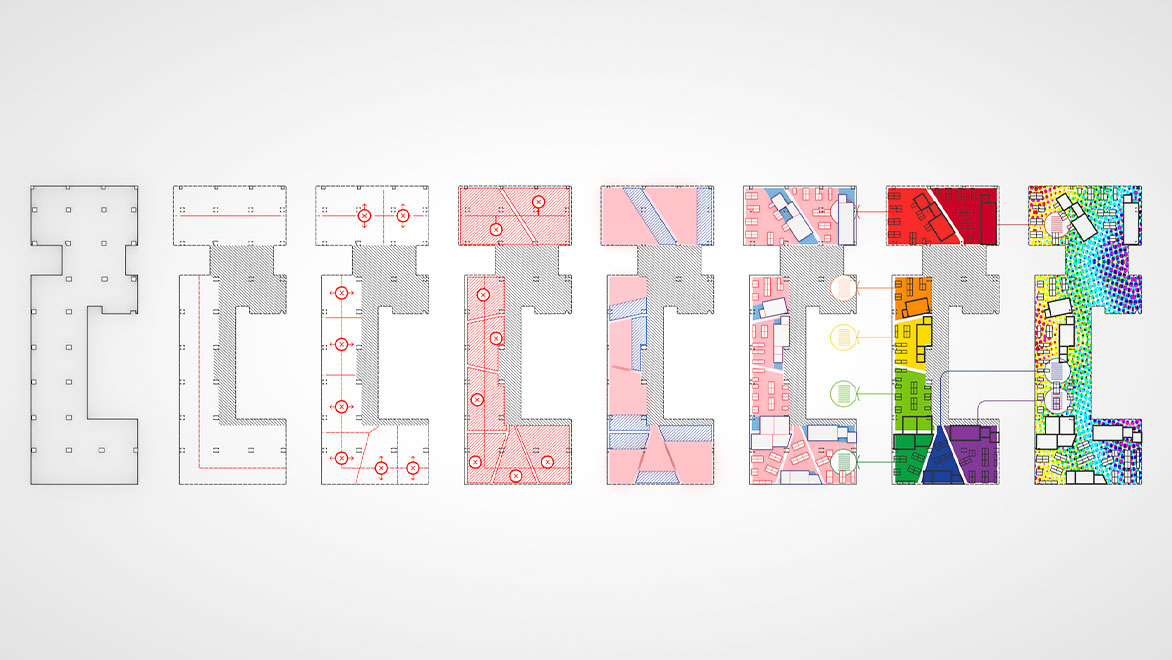 A floorplan design with eight versions adding new layers and functions to each floorplan.