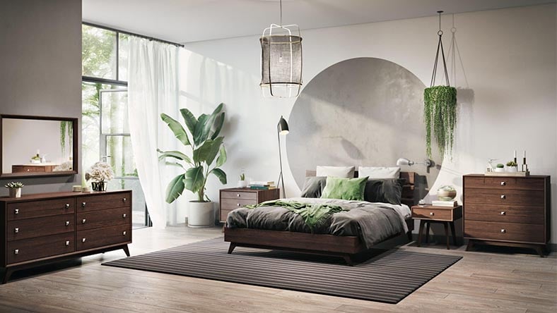 Rendering of a bedroom with plants and a large, circular mirror